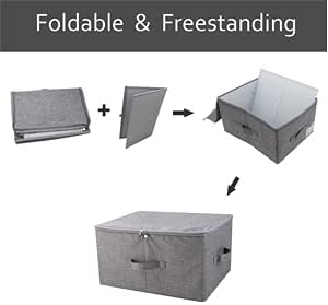 iwill CREATE PRO Folding Storage Box with Zip Lid and Handles Rigid Storage Baskets With Linen Fabric&amp Plastic Board Closet Shelf DrawersDark Gray 2 pcs