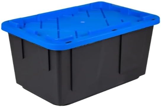 Tough 27 Gallon Plastic Storage Bin with Snap Lid Stackable Lockable Set of 8 Heavy-Duty Durable Multi-Purpose Storage Containers for Indoor &amp Outdoor Use (Blue and Black)