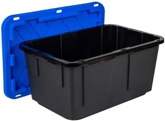 Tough 27 Gallon Plastic Storage Bin with Snap Lid Stackable Lockable Set of 8 Heavy-Duty Durable Multi-Purpose Storage Containers for Indoor &amp Outdoor Use (Blue and Black)