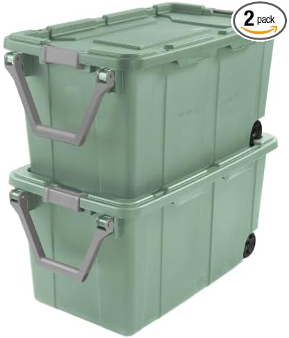 2PCS 40 Gallon Industrial Tote Plastic Storage Bins Wheeled Large Storage Box Set Green