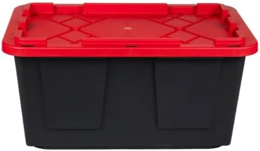 Tough 27 Gallon Plastic Storage Bin with Snap Lid Stackable Lockable Set of 8 Heavy-Duty Durable Multi-Purpose Storage Containers for Indoor &amp Outdoor Use (Red and Black)