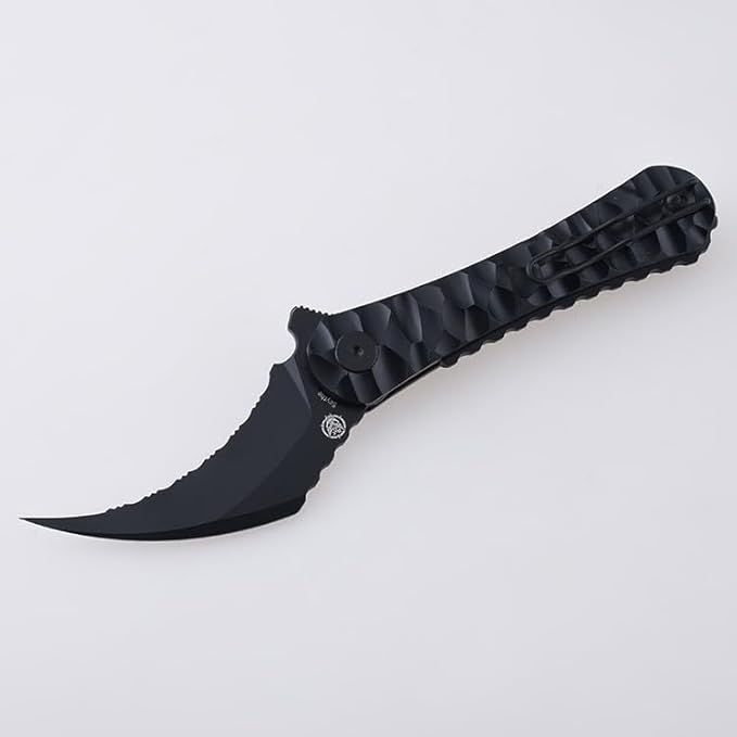 SHIELDON Scythe(XL) Folding Knife 154CM Steel Titanium Coating 2.92 Hawkbill Point Serrated Blade Pocket Knife with Black Non-Slippery PEI Handle and Reversible Wire Clip