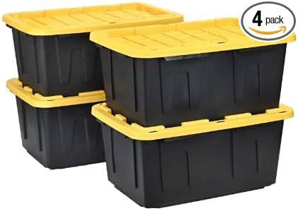 27 Gallon Heavy Duty Storage Tote with Lid Black and Yellow reusable made with heavy-duty recycled plastic