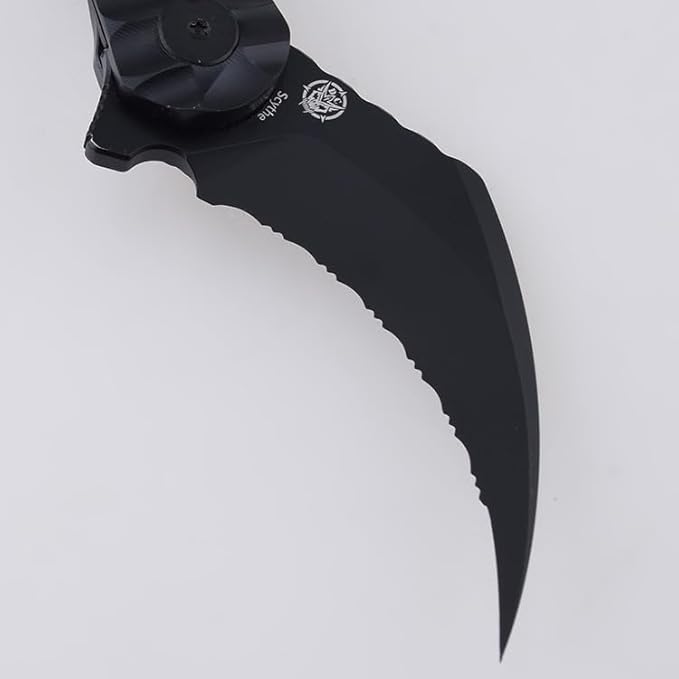 SHIELDON Scythe(XL) Folding Knife 154CM Steel Titanium Coating 2.92 Hawkbill Point Serrated Blade Pocket Knife with Black Non-Slippery PEI Handle and Reversible Wire Clip