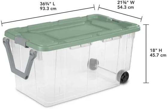4-Pack Industrial Tote Heavy-Duty Clear Storage Bins w/Sage Green Lids and Wheels 40 Gallon - Stackable Organizing Containers for Home Garage Office and Basement