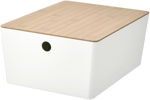 White Storage Box with Bamboo Lid – 10¼ x 13¾ x 6” – Stackable Organizer for Home Office or Closet