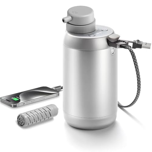 Upgraded Electric Water Filter Camping - 6-Stage Water Filtration System Phone Charger 4-in-1 Charging Cable Hiking Water Filter Backpacking Water Purifier Survival Emergency Light (Silver) Black
