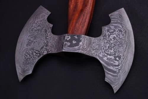 Handemade Damascus Steel Blade Double Head Functional Tomahawk Axe Rose Wood Handle
