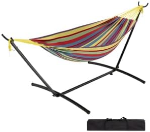 Jojoka Double Hammock with Heavy-Duty Steel Stand – Portable Space-Saving Design – Comfortable Polyester Cotton – Indoor/Outdoor Patio Garden Camping – 450 lbs Capacity – Carry Bag – Yellow Rainbow