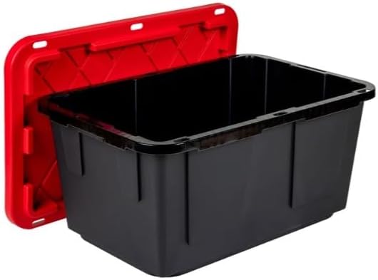 Tough 27 Gallon Plastic Storage Bin with Snap Lid Stackable Lockable Set of 8 Heavy-Duty Durable Multi-Purpose Storage Containers for Indoor &amp Outdoor Use (Red and Black)