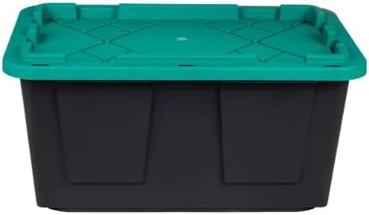 Tough 27 Gallon Plastic Storage Bin with Snap Lid Stackable Lockable Set of 8 Heavy-Duty Durable Multi-Purpose Storage Containers for Indoor &amp Outdoor Use (Green and Black)
