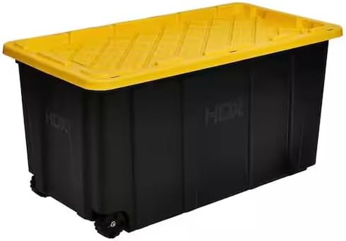 77 Gallon Tough Storage Tote with Wheels Black with Yellow Lid