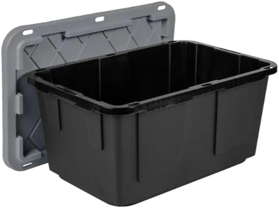 Tough 27 Gallon Plastic Storage Bin with Snap Lid Stackable Lockable Set of 8 Heavy-Duty Durable Multi-Purpose Storage Containers for Indoor &amp Outdoor Use (Gray and Black)
