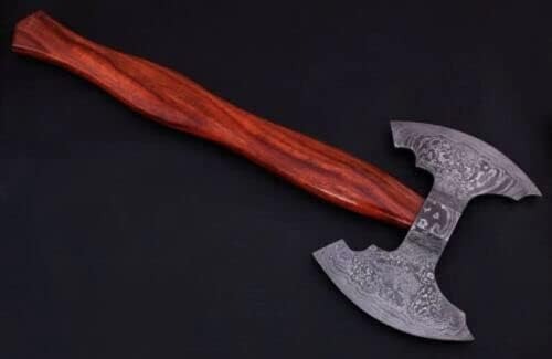 Handemade Damascus Steel Blade Double Head Functional Tomahawk Axe Rose Wood Handle