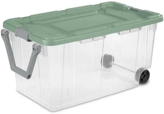 4-Pack Industrial Tote Heavy-Duty Clear Storage Bins w/Sage Green Lids and Wheels 40 Gallon - Stackable Organizing Containers for Home Garage Office and Basement