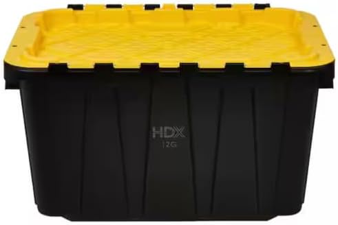 12 Gal. Tough Storage Flip Top Tote in Black with Yellow Lid High-Grade Resin Stackable Lockable