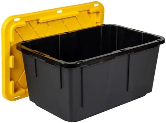 Tough 27 Gallon Plastic Storage Bin with Snap Lid Stackable Lockable Set of 8 Heavy-Duty Durable Multi-Purpose Storage Containers for Indoor &amp Outdoor Use (Yellow and Black)