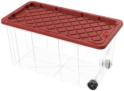 77 Gallon Tough Storage Tote with Wheels in Clear with Red Lid KC23384