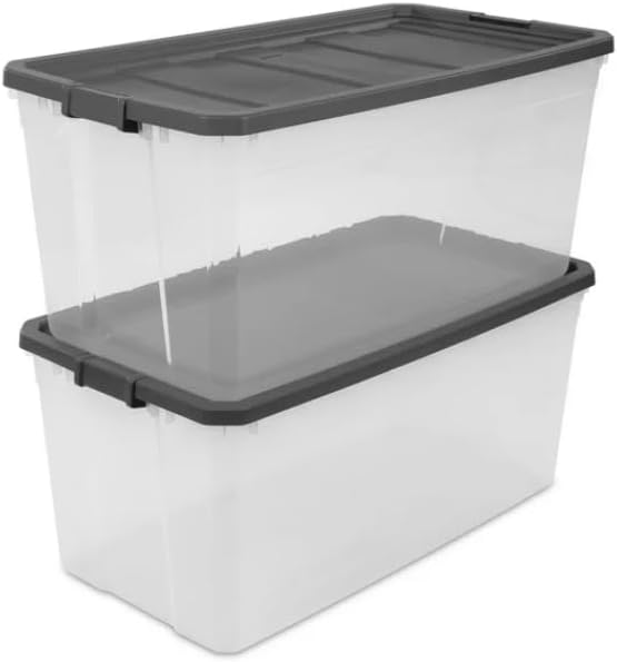 Clear Plastic Storage Container Set 200 Quart Stackable Bins with Dark Gray Latch Lids 3 Count