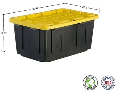 27 Gallon Heavy Duty Storage Tote with Lid Black and Yellow reusable made with heavy-duty recycled plastic