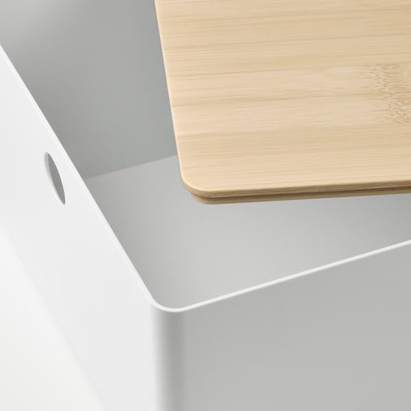 White Storage Box with Bamboo Lid – 10¼ x 13¾ x 6” – Stackable Organizer for Home Office or Closet