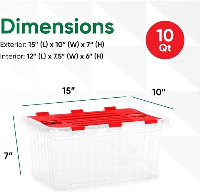 Superio Red Storage Box with Red Hinged Lids 2 Pack Plastic Container Bins for Organizing with Attached Lid Stackable Crates BPA Free Organizers for Home Office Dorm (2 10.5 Quart)
