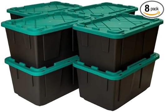 Tough 27 Gallon Plastic Storage Bin with Snap Lid Stackable Lockable Set of 8 Heavy-Duty Durable Multi-Purpose Storage Containers for Indoor &amp Outdoor Use (Green and Black)
