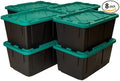 Tough 27 Gallon Plastic Storage Bin with Snap Lid Stackable Lockable Set of 8 Heavy-Duty Durable Multi-Purpose Storage Containers for Indoor &amp Outdoor Use (Green and Black)