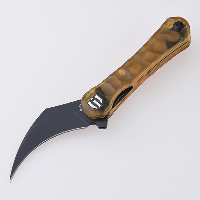 SHIELDON Scythe 2.55 Titanium Coating 154CM Steel Hawkbill Point Blade with Amber PEI Handle and Reversible Wire Clip