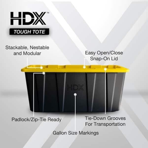 57 Gallon Tough Storage Tote with Snap-On Lid Black with Yellow Lid Stackable
