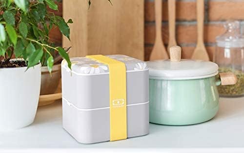 monbento - Large Bento Lunch Box MB Square Daisy with 2 Compartments - 57 oz -3 Leakproof Lunch Box for Work/Picnic/Meal Prep - BPA Free - Microwave &amp Dishwasher Safe - Flowers Pattern - Grey
