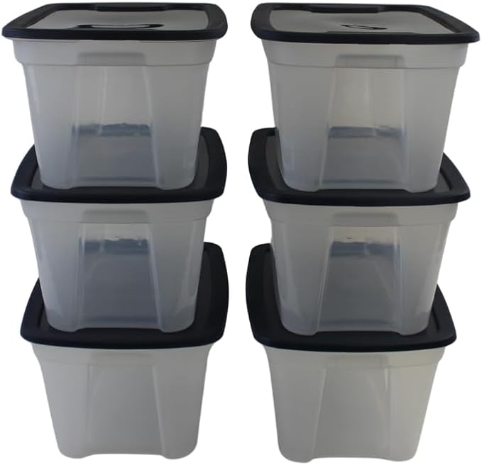 Edge Plastics 5 Gallon Classic Storage Tote 6 Pack durable storage in for home or garage with secure snap lid designed for stacking (6 Clear with Ink Lid 5 Gallon)