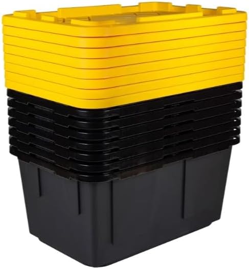 Tough 27 Gallon Plastic Storage Bin with Snap Lid Stackable Lockable Set of 8 Heavy-Duty Durable Multi-Purpose Storage Containers for Indoor &amp Outdoor Use (Yellow and Black)