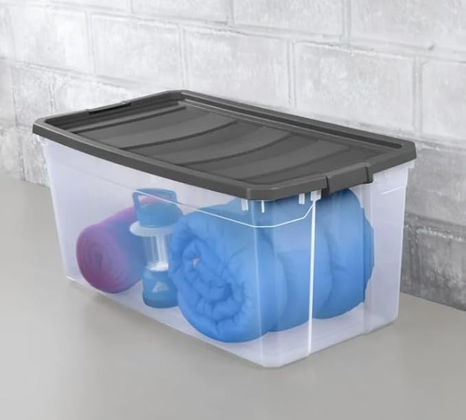 Clear Plastic Storage Container Set 200 Quart Stackable Bins with Dark Gray Latch Lids 3 Count