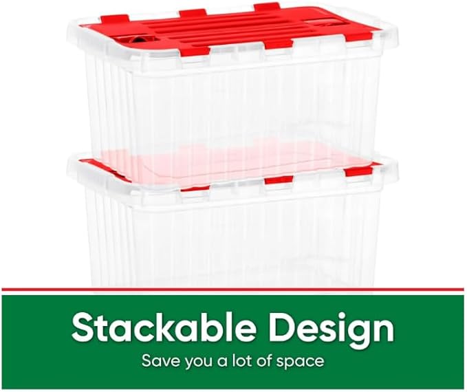 Superio Red Storage Box with Red Hinged Lids 4 Pack Plastic Container Bins for Organizing with Attached Lid Stackable Crates BPA Free Organizers for Home Office Dorm (4 27.5 Quart)