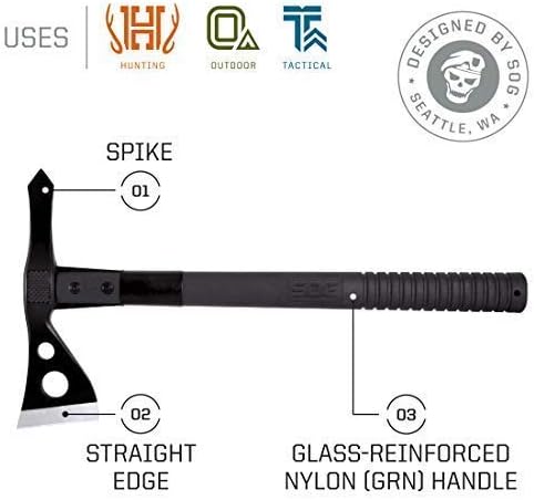 SOG Tactical Tomahawk- Throwing Hatchet Versatile Survival Tactical Axe and Emergency Breaching Tool &amp Entrenching Tool- 18.25 Inch Folding Survival Shovel with Wood Saw Edge - Black (F08-N)