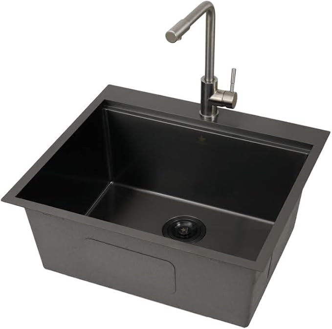STARSTAR Workstation Ledge Topmount/Drop-in Single Bowl Satin Matte Stainless Steel Kitchen/Yard/Bar/Laundry/Office Sink With Grid Colander Cutting Board Strainer (22x22x12 Black)