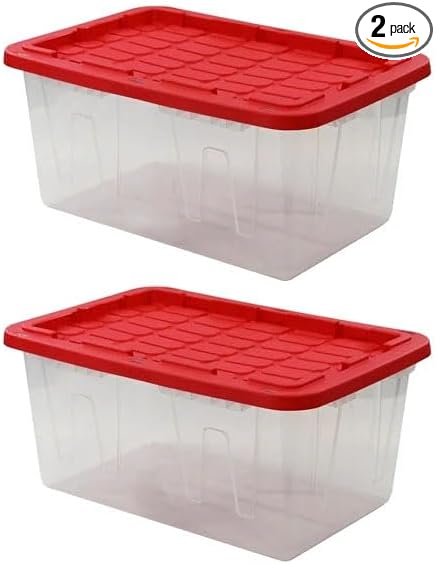 27 Gallon Clear Plastic Storage Bin with Red Lid for Home Organization &amp Garage Storage Multi-Purpose Lidded Container for Clothes Craft Supplies &amp Seasonal Decorations