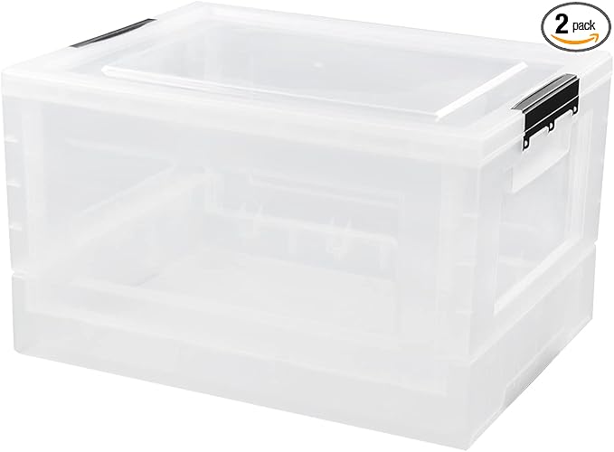 Pekky 16L Collapsible Storage Box with Lid 2 Packs Stackable Folding Bin Clear