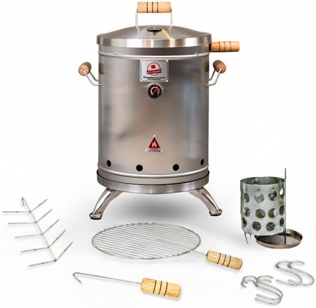 (16 Pound) 2-in-1 Smoker Barrel Vertical Grill - Premium 304 Stainless Steel - Barril Charcoal BBQ Thermometer &amp Ventilation - Cooking Accessories Meat Kit - Portable Outdoor Camping - QUE ASADOR