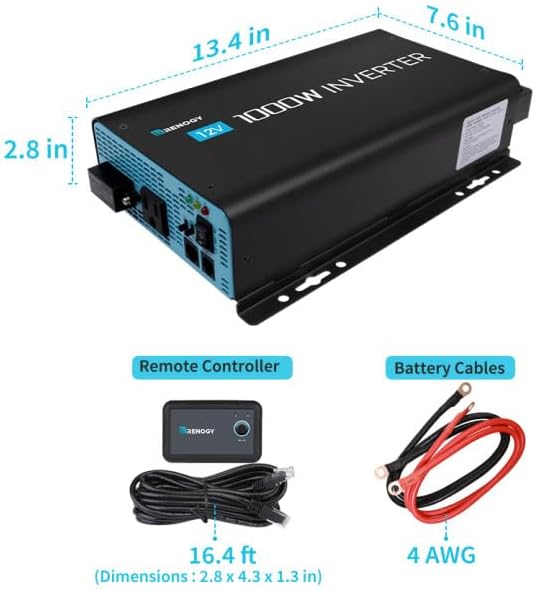 Renogy 1000W Pure Sine Wave Inverter with ECO Mode 12V DC to AC 120V 110V Converter for Off-Grid Solar System Home RV Solar Power Inverter with Remote Switch Surge 2000W