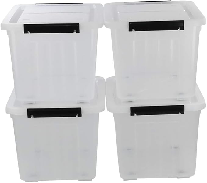 30 L Clear Plastic Storage Box with Wheels 4-Pack Clear Plastic Storage Latch Bin