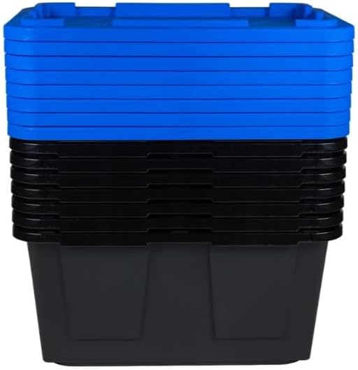 Tough 27 Gallon Plastic Storage Bin with Snap Lid Stackable Lockable Set of 8 Heavy-Duty Durable Multi-Purpose Storage Containers for Indoor &amp Outdoor Use (Blue and Black)