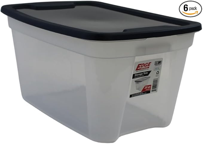 Edge Plastics 5 Gallon Classic Storage Tote 6 Pack durable storage in for home or garage with secure snap lid designed for stacking (6 Clear with Ink Lid 5 Gallon)