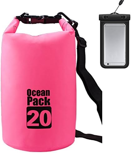 JIAN YA NA Waterproof Dry Bags Roll Top Dry Compression Sack Keeps Gear Dry Bags with Adjustable Strap for Outdoor Kayaking Beach Rafting BoatingBonus Waterproof Phone Case (Pink 20L)
