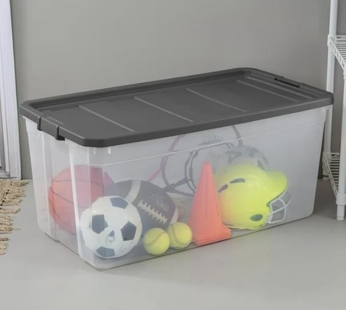 Clear Plastic Storage Container Set 200 Quart Stackable Bins with Dark Gray Latch Lids 3 Count