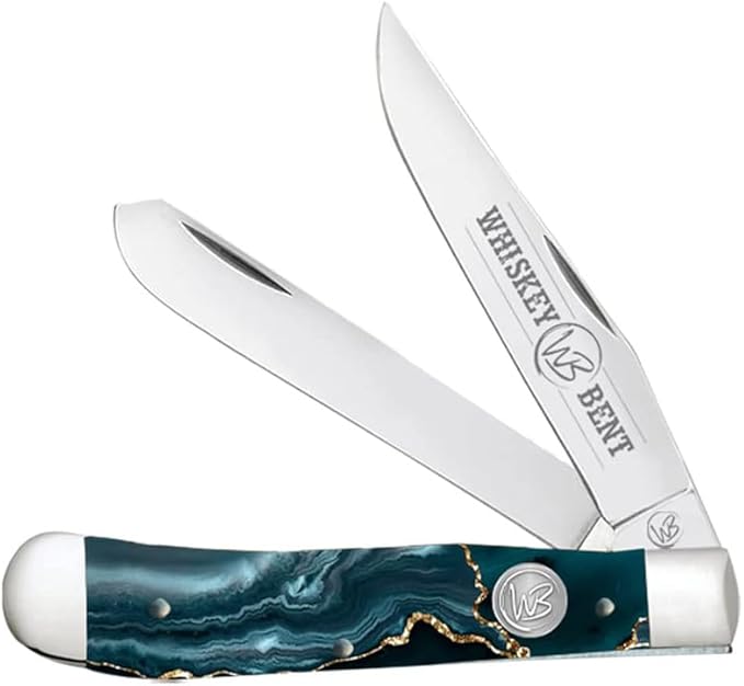 WHISKEY BENT HAT CO. Traditional Trapper Folding Pocket Knife 4.125 Closed Length 440C Stainless Steel Blades (Gold Rush)