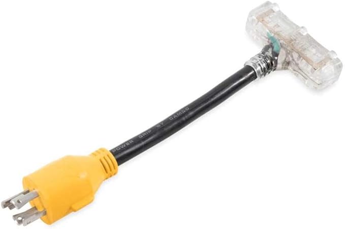 Camco PowerGrip Camper/RV Locking Generator Adapter | Features 10-Gauge STW Cord &amp 30-Amp Locking Male End | Converts a 30-Amp 4-Wire Locking Plug to 3 Household 15-Amp Outlets (55413)
