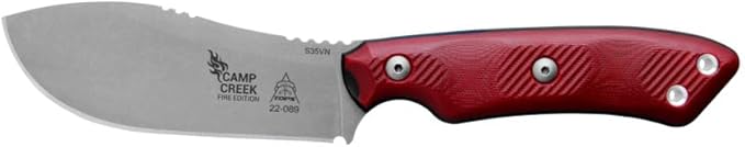 Tops Knives Camp Creek Fire Edition Full Tang Fixed Blade- Tumble Finish Blade Finish- Black Leather Sheath w/Dangler (Red/Black G10 Handle)