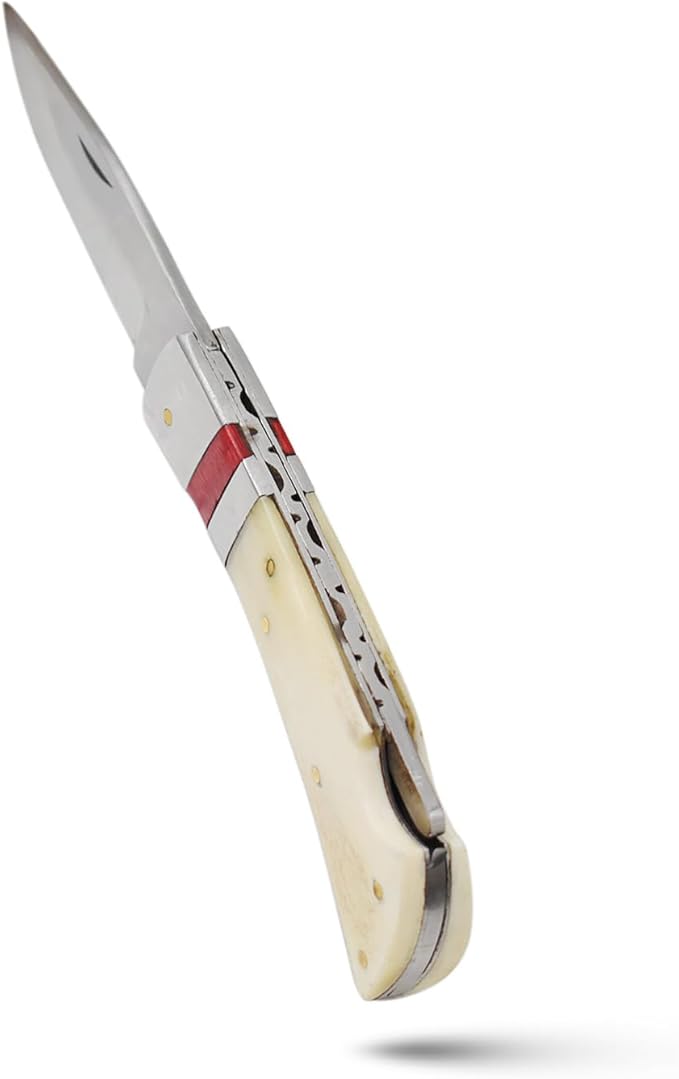 7 Handmade Folding Pocket Knife – 3 440 Stainless Steel Clip Point Blade – Silver Bolster – Genuine Leather Sheath Included (Bone &amp Wood)